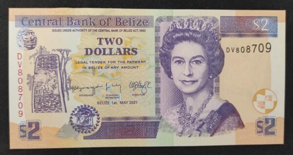 belize billet de 2 dollars 2021 pick 66 reine elizabeth ii neuf ( unc )