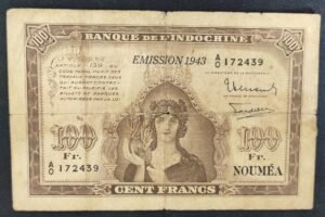 tres rare nouvelle calédonie 100 francs minerve marron 1943 type ii km426 (copie)