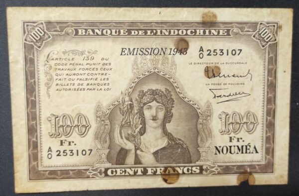 tres rare nouvelle calédonie 100 francs minerve marron 1943 type ii km426