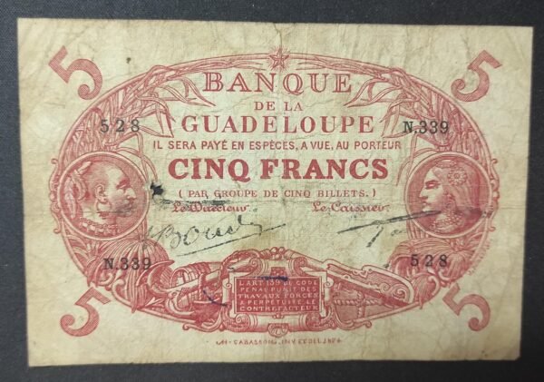 rare guadeloupe billet de 5 francs rouge type 1901 pick 7