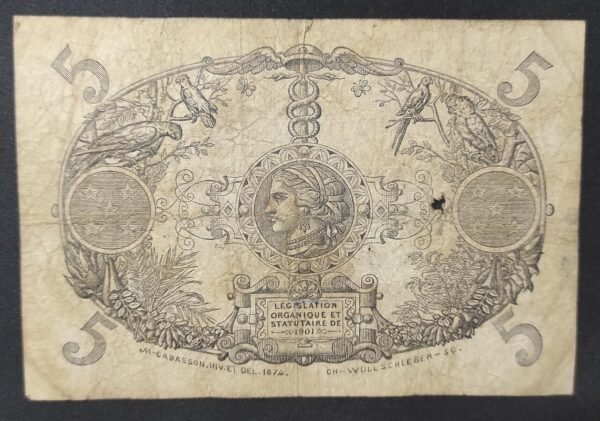 rare guadeloupe billet de 5 francs rouge type 1901 pick 7