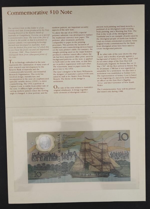 rare australie 10 dollars commémoratif avec encart 1988 pick 49 neuf