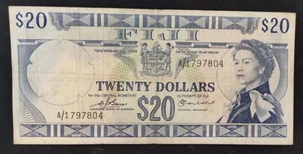 rare iles fidji pacifique sud, billet de 20 dollars 1974 pick 75