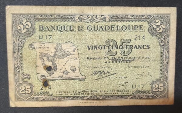 tres rare guadeloupe billet de 25 francs colbert type 1942 pick 22b