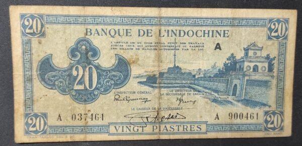 indochine française billet de 20 piastres bleu 1943 pick 65 lettre a