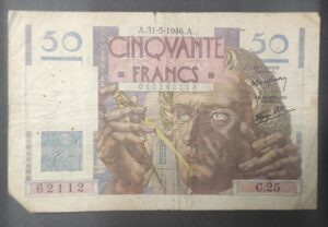 france billet de 50 francs le verrier du 31/05/1946 c.25 ref: f.20/05 france billet de 50 francs le verrier du 31/05/1946 c.25 ref: f.20/05