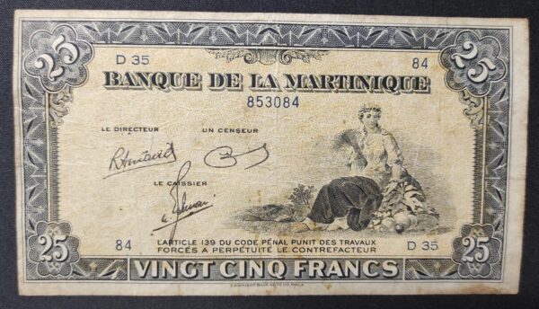 rare martinique billet de 25 francs 1945 pick 17