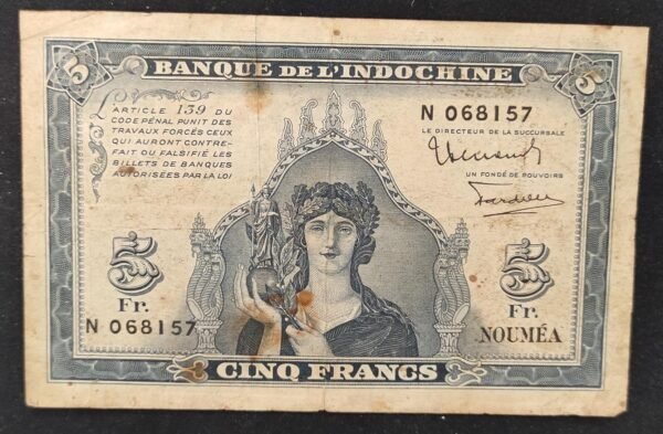 nouvelle calédonie 5 francs minerve type 1944 bleu p 48 (copie)