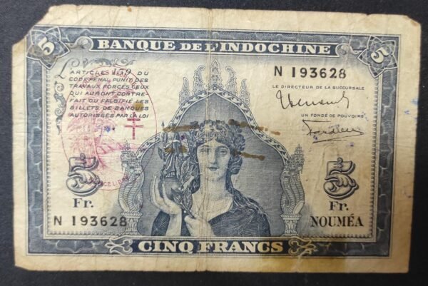nouvelles hébrides billet 5 francs bleu minerve surcharge france libre 1944 (copie)