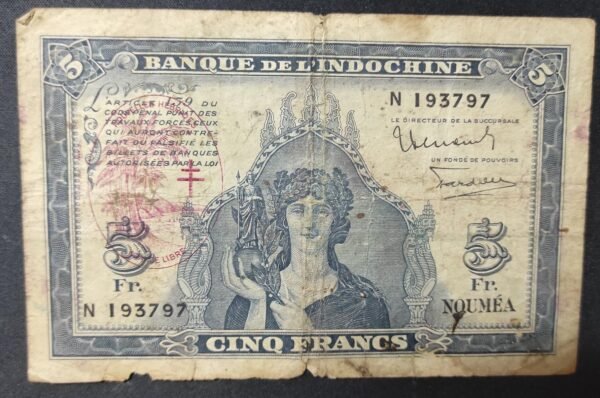 nouvelles hébrides billet 5 francs bleu minerve surcharge france libre 1944 ttb (copie)