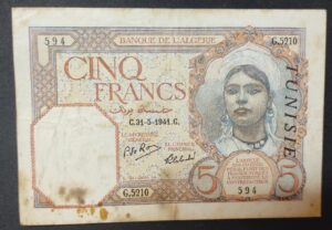 banque de l'algérie billet de 5 francs surchargé tunisie du 31/05/1941