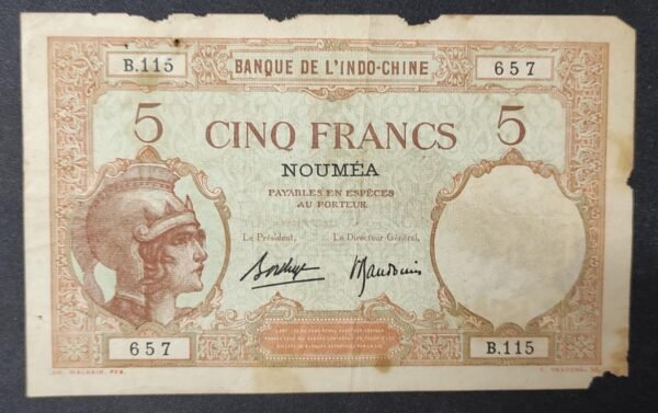 nouvelle calédonie billet de 5 francs 1926 banque de l'indochine (copie)