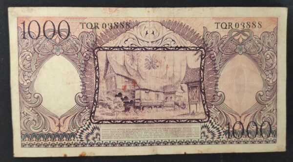 indonésie billet de 1000 roupies de 1958 maison traditionnel minangkabau pick 62