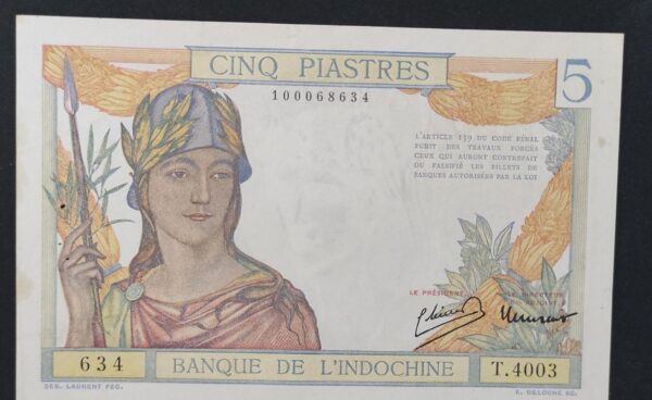 rare banque de l'indochine billet de 5 piastres nd 1936 km.148a (copie)