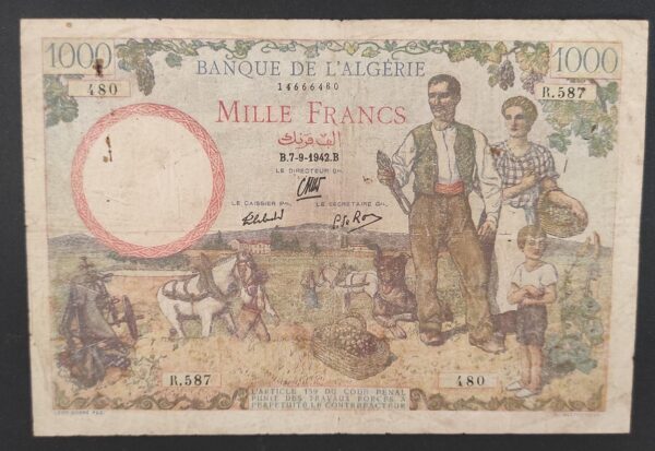 banque de l'algérie billet de 1000 francs du 07/09/1942