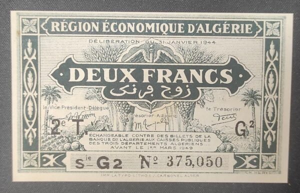 algérie billet de 2 francs région Économique d'algérie du 31 janvier 1944 spl !