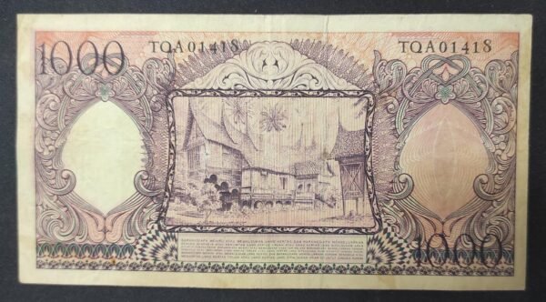 indonésie billet de 1000 roupies de 1958 maison traditionnel minangkabau pick 62