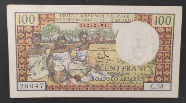 madagascar billet de 100 francs / 20 ariary 1966 pick 57