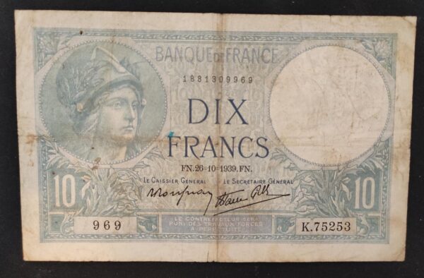 france billet de 10 francs minerve du 26/10/1939 j.70035 ref : f.07/13