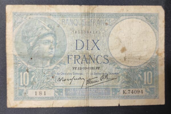 france billet de 10 francs minerve du 12/10/1939 k.74094 ref : f.07/11