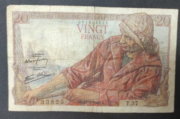 france billet de 20 francs pécheur du 24/09/1942 t.37 ref : f.13/03