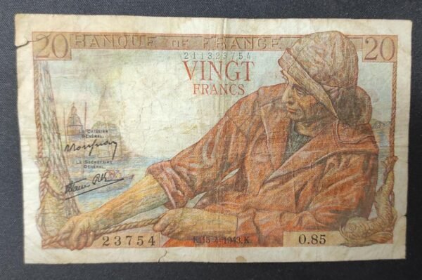 france billet de 20 francs pécheur du 15/04/1943 o.85 ref : f.13/06