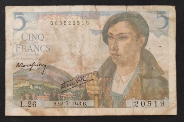 france billets de 5 francs berger du 22/07/1943 ref : f.05/02