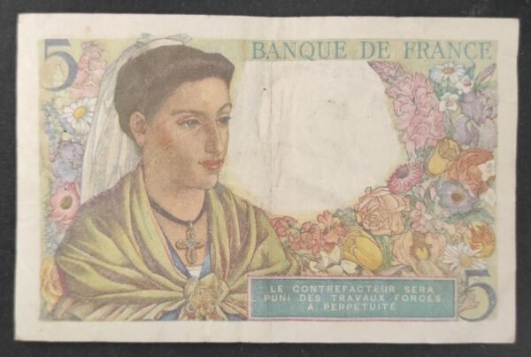 france billets de 5 francs berger du 22/07/1943 y.39 ref : f.05/02