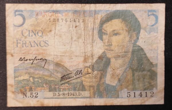 france billets de 5 francs berger du 22/07/1943 ref : f.05/02 (copie)