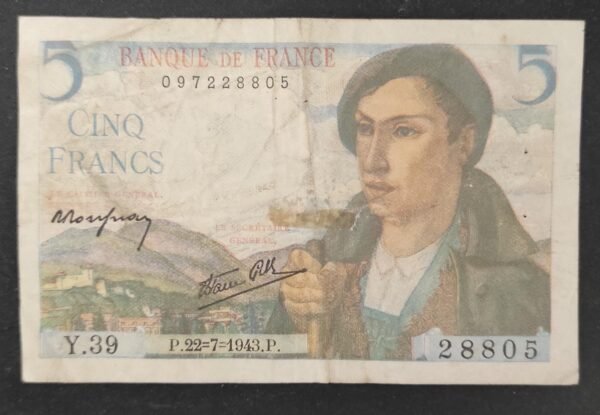 france billets de 5 francs berger du 22/07/1943 y.39 ref : f.05/02
