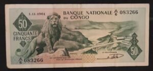 rare congo billet 50 francs du 01/11/1961 pick 5 tb a6 lion paysage