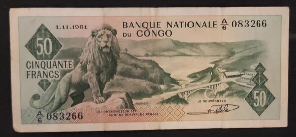 rare congo billet 50 francs du 01/11/1961 pick 5 tb a6 lion paysage