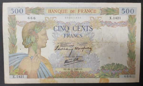 france billet de 500 francs la paix du 28/11/1940 h.174 ref : f.32/09