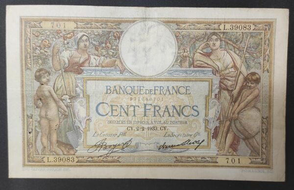 france billet de 100 francs luc olivier merson du 02/02/1933 l.39083 ref f.24/12