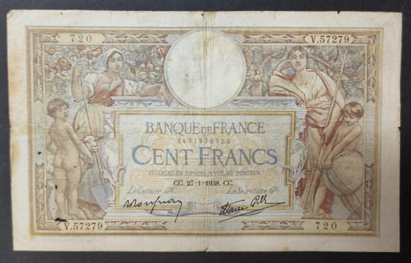 france billet de 100 francs luc olivier merson du 27/01/1938 v.57279 ref f.25/09