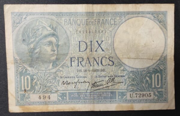 france billet de 10 francs minerve du /09/1939 u. ref : f.07/09