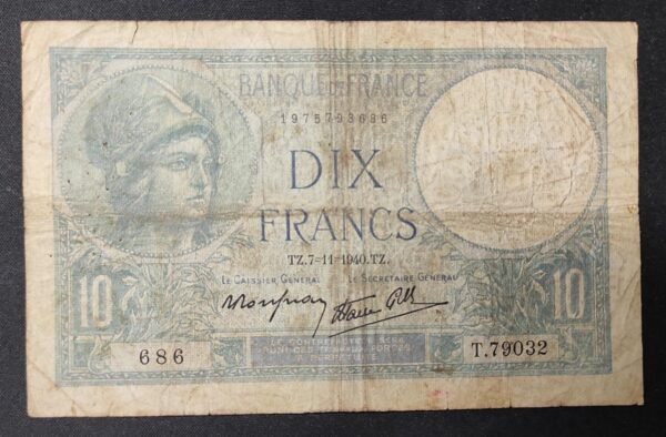 france billet de 10 francs minerve du 07/11/1940 c.77725 ref : f.07/17