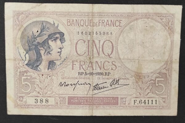 france billet de france 5 francs violet du 05/10/1939 f.64111 ref f.04/11