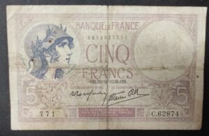 france billet de france 5 francs violet du 21/09/1939 c.62874 ref f.04/09 france billet de france 5 francs violet du 21/09/1939 c.62874 ref f.04/09