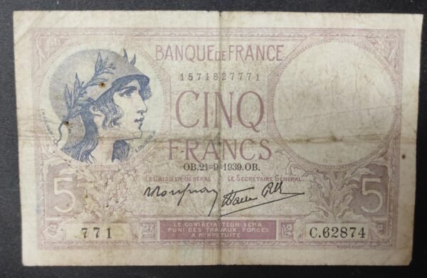 france billet de france 5 francs violet du 21/09/1939 c.62874 ref f.04/09
