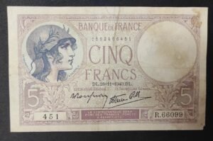 france billet de france 5 francs violet du 28/11/1940 e.65917 ref f.04/15 france billet de france 5 francs violet du 28/11/1940 e.65917 ref f.04/15