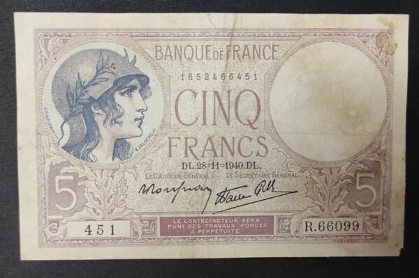 france billet de france 5 francs violet du 28/11/1940 e.65917 ref f.04/15