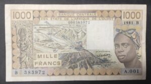 benin afrique de l'ouest billet de 1000 francs 1981b a.001 !! benin afrique de l'ouest billet de 1000 francs 1981b a.001 !!