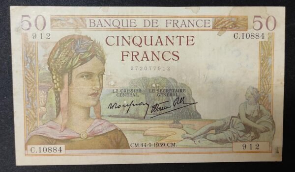 france billet de 50 francs cérès du 14/09/1939 c.10884 ref : f.18/30