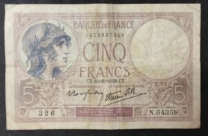 france billet de france 5 francs violet du 19/10/1939 n.64358 ref f.04/12