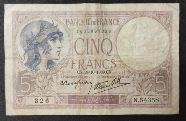 france billet de france 5 francs violet du 19/10/1939 n.64358 ref f.04/12