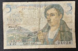france billets de 5 francs berger du 22/07/1943 v.27 ref : f.05/02