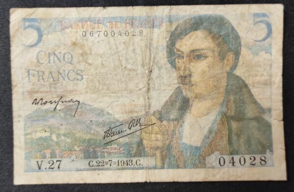 france billets de 5 francs berger du 22/07/1943 v.27 ref : f.05/02