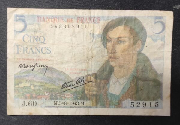 france billets de 5 francs berger du 05/08/1943 ref : f.05/03