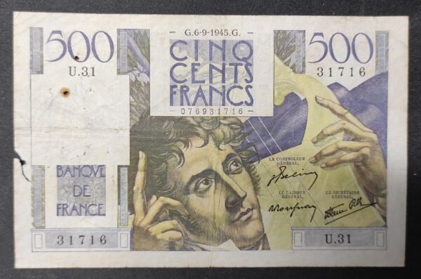 france billet de 500 francs chateaubriand du 06/09/1945 u.31 ref : f.34/02